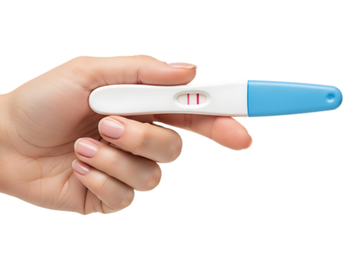 Hand holding positive pregnancy test kit showing two lines indicating conception . Isolated on transparent background, png