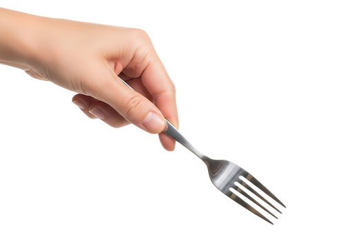 Hand holding a metal fork ready for eating food preparation concept . Isolated on transparent background, png