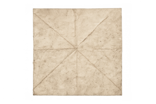 Old vintage folded paper with creases and grunge texture, blank parchment for copy space, isolated on transparency