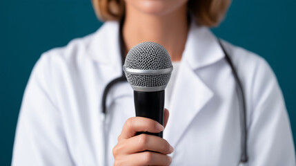 Female doctor holding microphone speaking to reporters in medical press conference expressing concern and professionalism