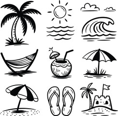 Obraz premium Tropical beach vacation icons palm tree ocean waves