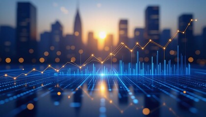 Digital Business Growth Graph against a glowing City Skyline at Sunrise, showing Future Success
