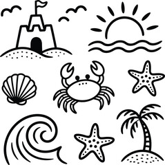 Beach elements sandcastle crab starfish palm tree vector