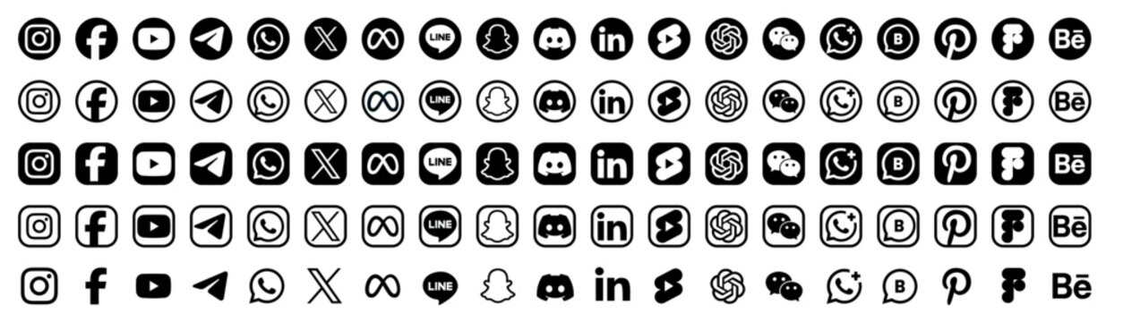 Latest updated 2025 black and white social media icon collection. Includes Facebook, Instagram, YouTube, Telegram, WhatsApp, X (Twitter), Meta, LINE, Discord, ChatGPT, Pinterest, and more vector logos