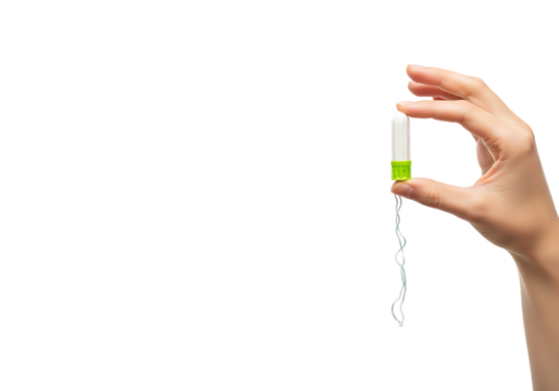 Hand holding menstrual tampon with string against dark backdrop for hygiene . Isolated on transparent background, png