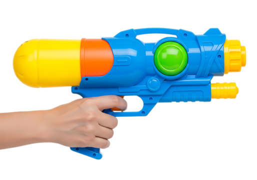 Child's hand holding colorful plastic water gun ready for fun . Isolated on transparent background, png - Powered by Adobe