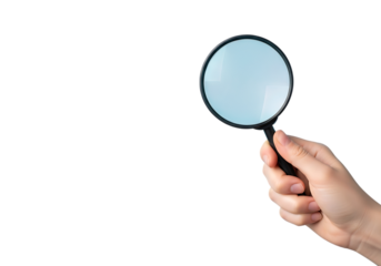 Hand holding magnifying glass exploring dark space searching for answers or solutions . Isolated on transparent background, png