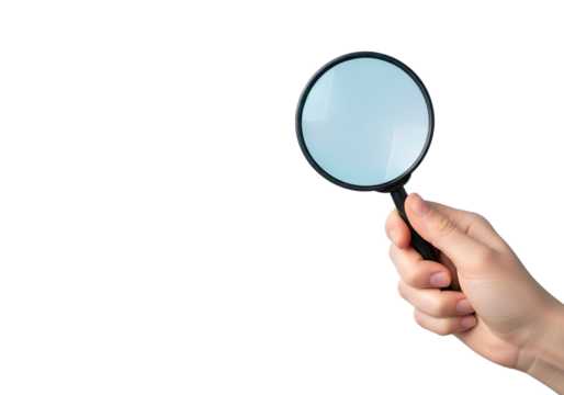 Hand holding magnifying glass exploring dark space searching for answers or solutions . Isolated on transparent background, png