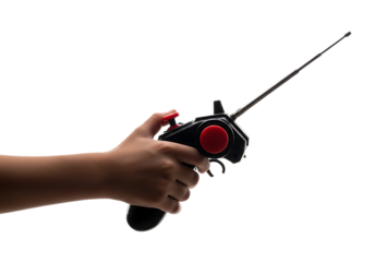 Hand holding a fishing rod reel with in a studio . Isolated on transparent background, png