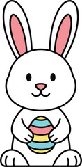 Cute cartoon bunny rabbit holding a striped easter egg