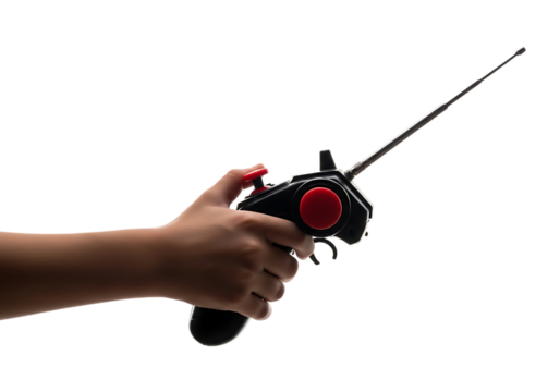 Hand holding a fishing rod reel with in a studio . Isolated on transparent background, png