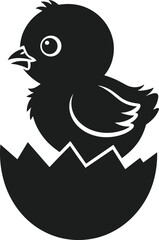 Black silhouette of a baby chick hatching from a cracked egg on a white background