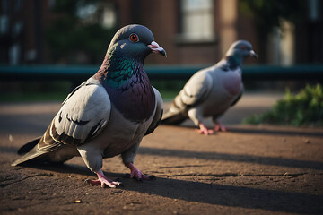 Close-up and outdoor photos of pigeons in urban environment, city doves standing and walking on pavement, detailed view of gray pigeons with iridescent feathers and red eyes