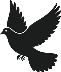 Black silhouette of a dove bird in flight with wings spread