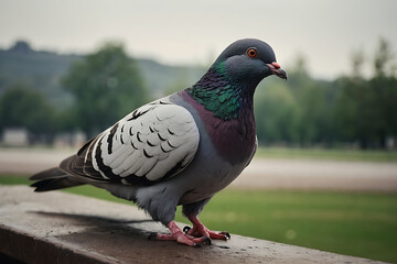 Close-up and outdoor photos of pigeons in urban environment, city doves standing and walking on pavement, detailed view of gray pigeons with iridescent feathers and red eyes