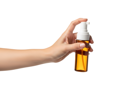 Hand holding amber glass spray bottle with white pump dispenser for liquids . Isolated on transparent background, png