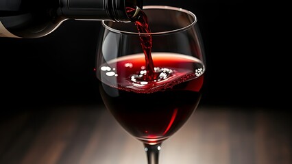 decanting. A close-up of a wine bottle pouring deep red liquid into a crystal glass with dramatic lighting. bar promotions, beverage menus, designed for product packaging and bar promotions.