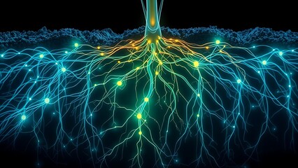 mycorrhiza. An X-ray view of plant roots unveiling a hidden glowing network weaving through the soil. bar promotions, beverage menus, designed for food & beverage menus and cafe branding.