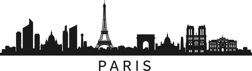 Obraz premium Paris city skyline silhouette with Eiffel Tower, Arc de Triomphe, Notre Dame, black cityscape, urban architecture, travel illustration design