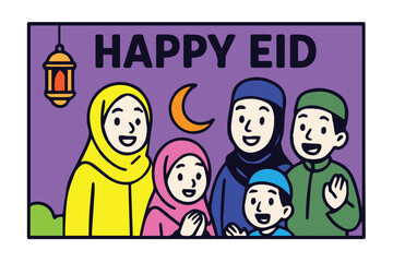 Cheerful colorful vector of a family joyfully celebrating Eid, showing togetherness, happiness, and festive decorations that capture the spirit of the Islamic holiday.