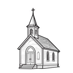Black and white vector illustration of a chapel, featuring simple architectural lines, a cross on top, and serene minimalist style symbolizing peace, faith, and timeless beauty.