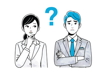 Confused business people man and woman question mark uncertainty doubt concern stress - Flat Vector Illustration. Colored vector illustration