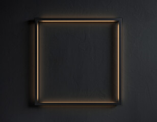 A blank square black frame with a glowing warm light accentuating its edge, mounted on a rough, dark charcoal gray wall, creating a dramatic and luxurious abstract display mockup.