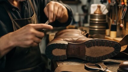 A craftsman meticulously works on a brown leather boot, polishing its sole with a brush