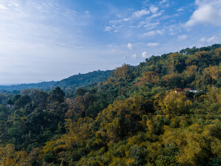 Beautiful tropical mountain landscape with dense green forest under a bright blue sky and dramatic white clouds. Natural scenery showing lush vegetation, misty hills, and vibrant foliage.