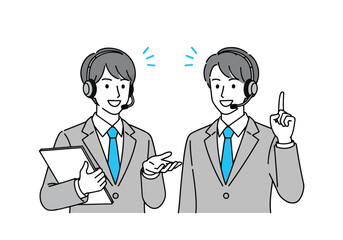 Two businessmen wearing headsets and suits discussing ideas with hand gestures and smiles - Flat Vector Illustration. Colored vector illustration