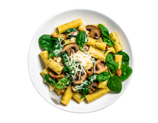 Rigatoni pasta dish, with cream, mushroom, spinach, almond and grated parmesan isolated on transparent png