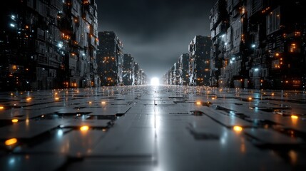 Futuristic cyberpunk city, digital architecture and tech alleyway, glowing lights at night