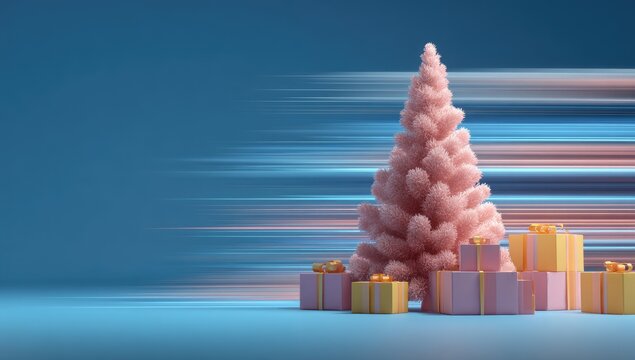 Pastel pink Christmas tree with gifts on a blue background, featuring motion blur effect