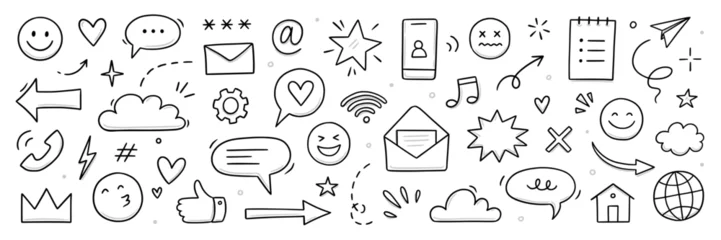 Gordijnen Bibliotheek Emoji media hand drawn doodle icon set. Internet conversation, media outline tech emoji, star, arrow shape. Hand drawn sketch chat emoticon, digital cloud, smile face elements. Vector illustration  © Polina Tomtosova