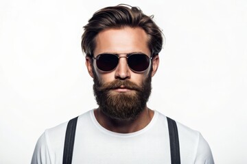 Man with beard sunglasses and suspenders looking forward isolated on white background