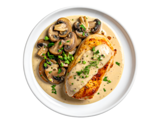 Roasted chicken breast with mushrooms in cream sauce isolated on transparent png