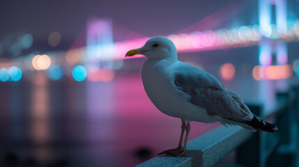 Obraz premium A serene moment captured at the Busan Fireworks Festival, South Korea, where a seagull finds respite, overlooking the illuminated Gwangan Bridge, a vivid display of colors reflecting on the water