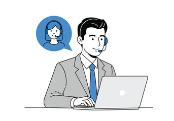 Customer service representative man working on laptop with support icon - Flat Vector Illustration. Colored vector illustration