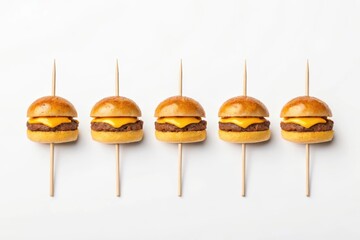 Five delicious mini cheeseburgers on wooden skewers isolated on white background