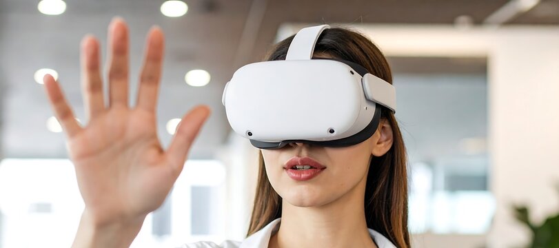 Woman in a VR headset (likely Meta Quest 2) interacting with a virtual environment, symbolizing technology and the metaverse