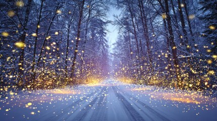 Snowy Forest Road with Fireflies in Winter Night Scene