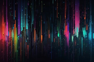 Abstract glitch texture with chaotic digital noise, torn pixels, bright neon colors (blue, purple, red, green), horizontal lines, rendering artifacts, and noise. There should be a glitch effect, disto