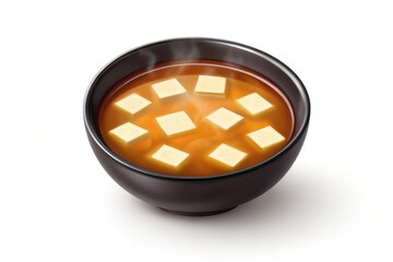 A steaming bowl of delicious miso soup with tofu cubes isolated on white background
