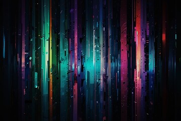 Abstract glitch texture with chaotic digital noise, torn pixels, bright neon colors (blue, purple, red, green), horizontal lines, rendering artifacts, and noise. There should be a glitch effect, disto