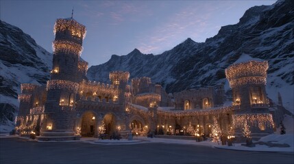 Snowy Mountain Castle Decorated with Warm Holiday Lights at Dusk
