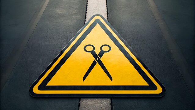 Cutting Point &ndash; Front View Conceptual Symbolism, Scissor Warning Sign on Road Centerline, Separation and Risk Metaphor, Dark Asphalt Background