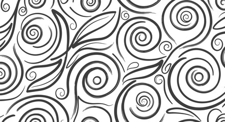 Decorative hand-drawn brushstroke seamless pattern featuring abstract swirls, curls, and organic leaf elements in black and white.