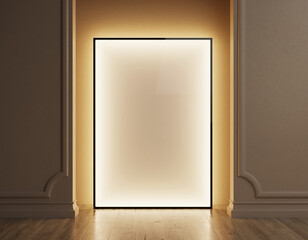 A large, empty vertical black frame with a bright, warm backlighting effect, standing on a wooden floor between classical architectural columns on a matte beige wall.
