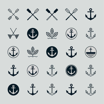 Collection of nautical anchor icons and crossed oars symbols