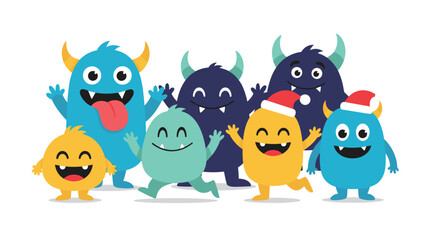 Obraz premium A group of happy and colorful cartoon monsters, some wearing Santa hats, celebrate together.